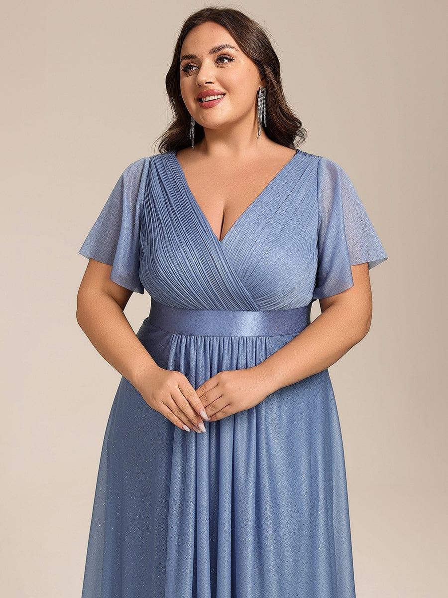 Dignified Plus Size V-Neck A-Line Wedding Guest Dress with Short Sleeves