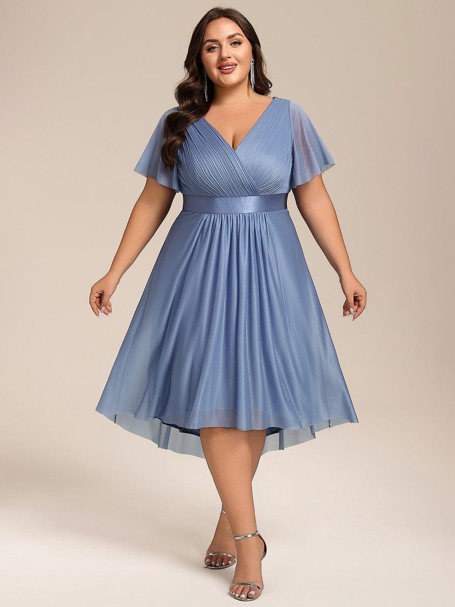 Dignified Plus Size V-Neck A-Line Wedding Guest Dress with Short Sleeves