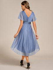 Honorable Short Sleeves V-Neck A-Line Midi Wedding Guest Dress with Sash