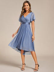 Honorable Short Sleeves V-Neck A-Line Midi Wedding Guest Dress with Sash