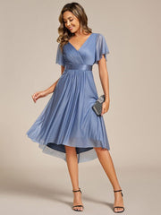 Honorable Short Sleeves V-Neck A-Line Midi Wedding Guest Dress with Sash