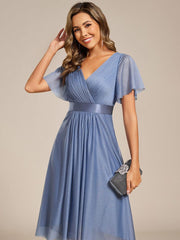 Honorable Short Sleeves V-Neck A-Line Midi Wedding Guest Dress with Sash
