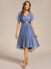 Honorable Short Sleeves V-Neck A-Line Midi Wedding Guest Dress with Sash