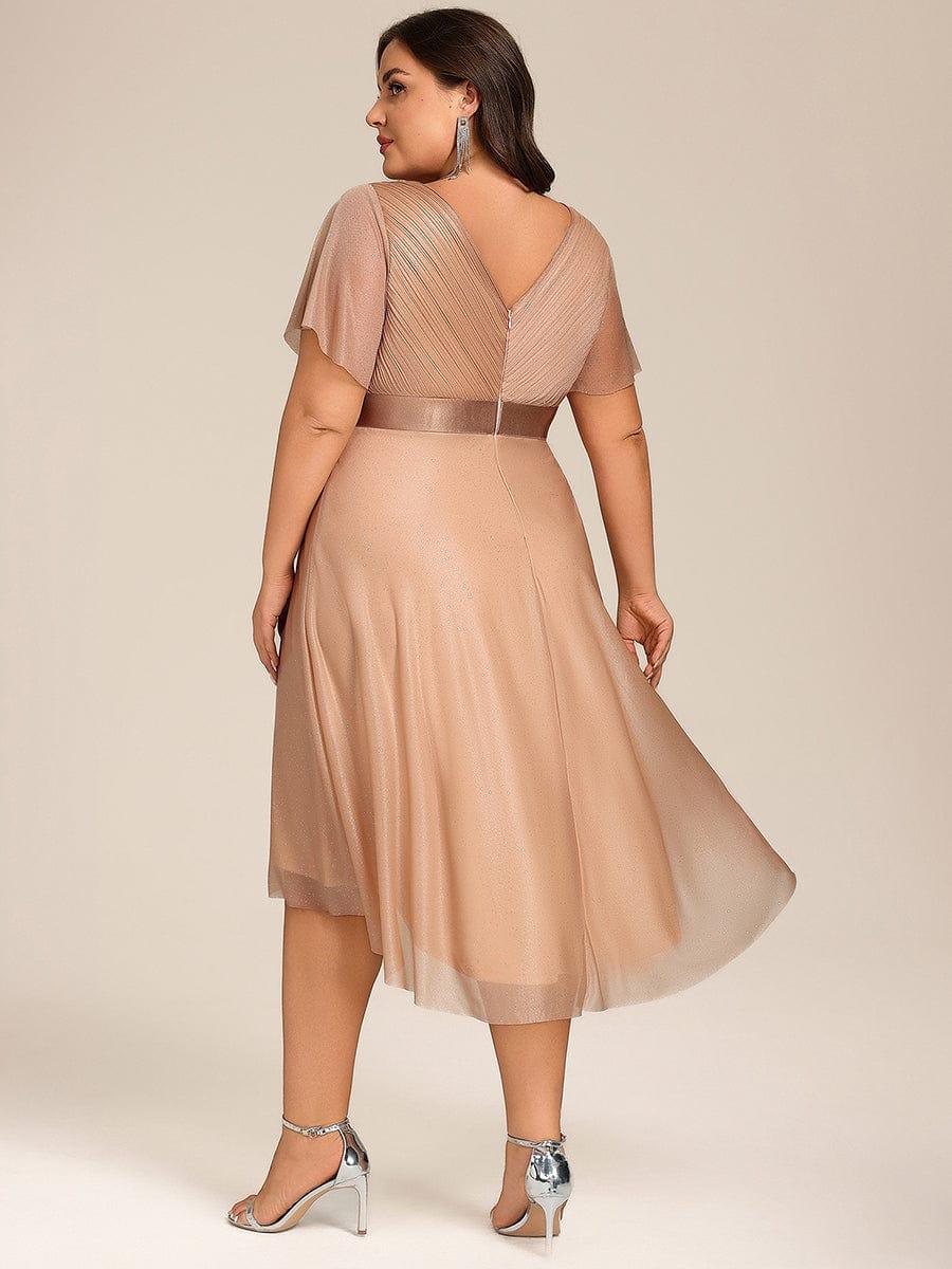 Dignified Plus Size V-Neck A-Line Wedding Guest Dress with Short Sleeves