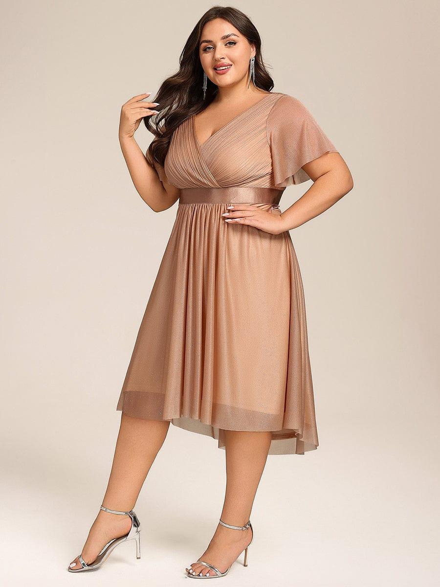 Dignified Plus Size V-Neck A-Line Wedding Guest Dress with Short Sleeves
