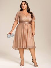 Dignified Plus Size V-Neck A-Line Wedding Guest Dress with Short Sleeves