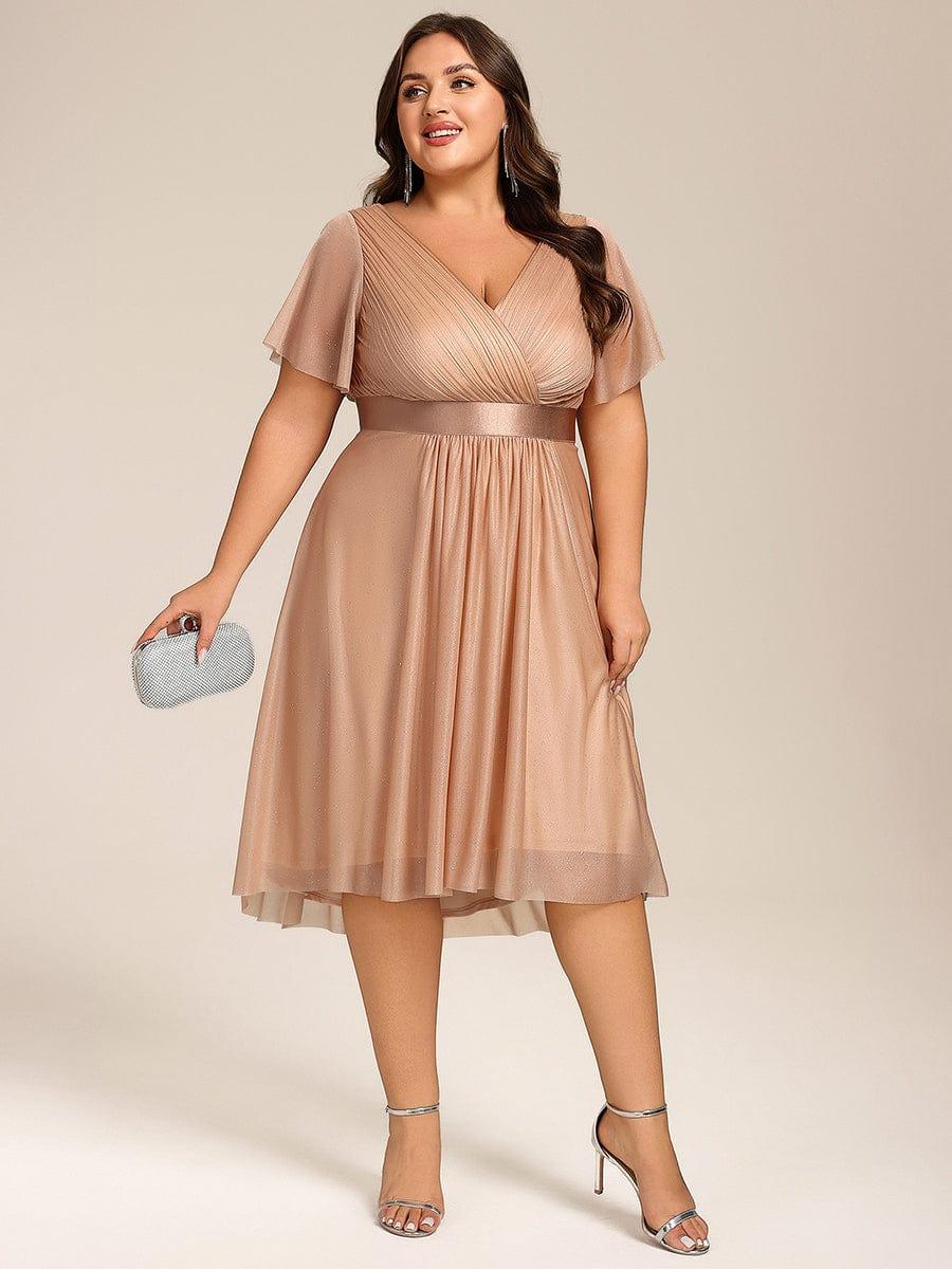 Dignified Plus Size V-Neck A-Line Wedding Guest Dress with Short Sleeves