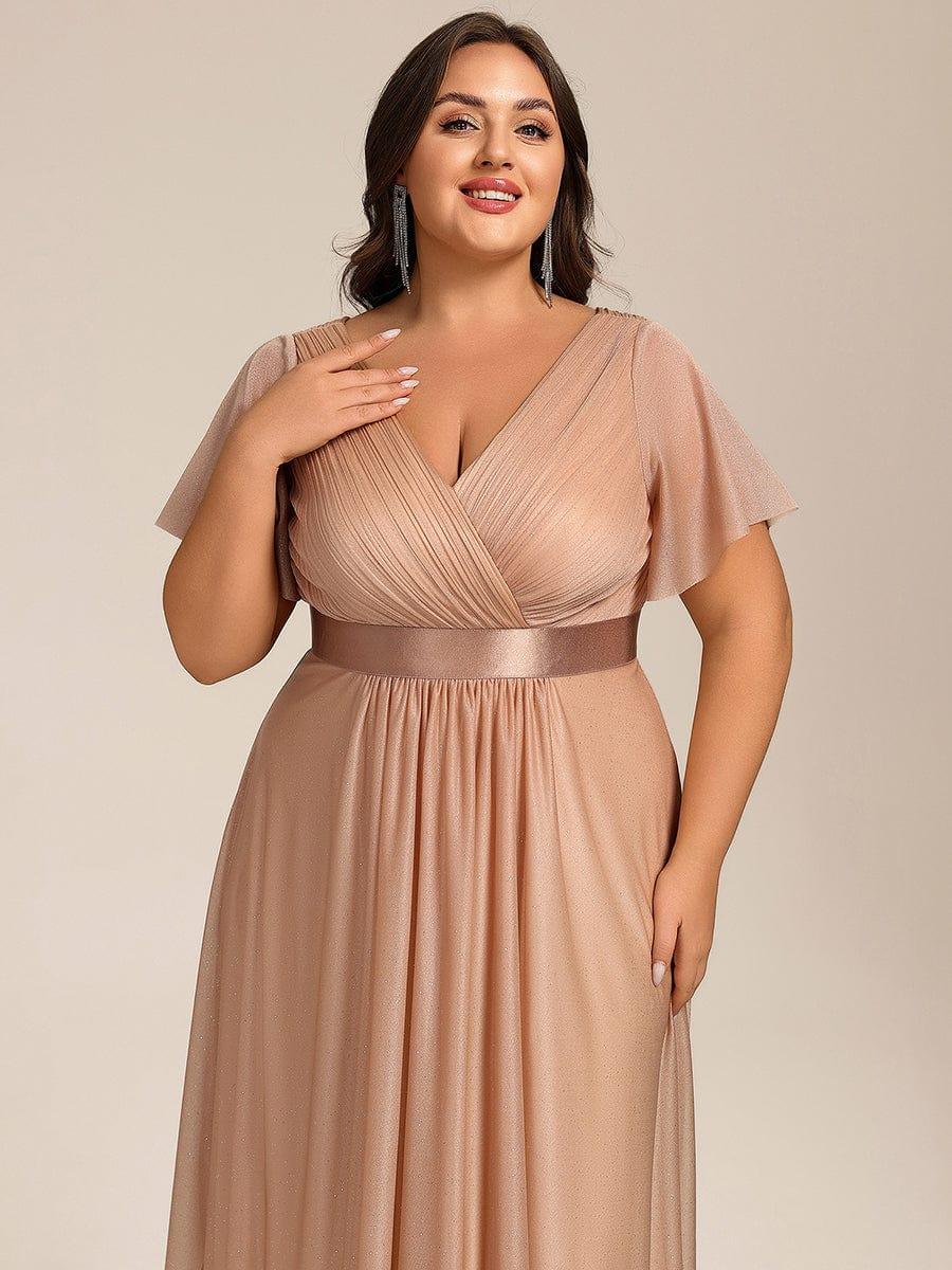 Dignified Plus Size V-Neck A-Line Wedding Guest Dress with Short Sleeves