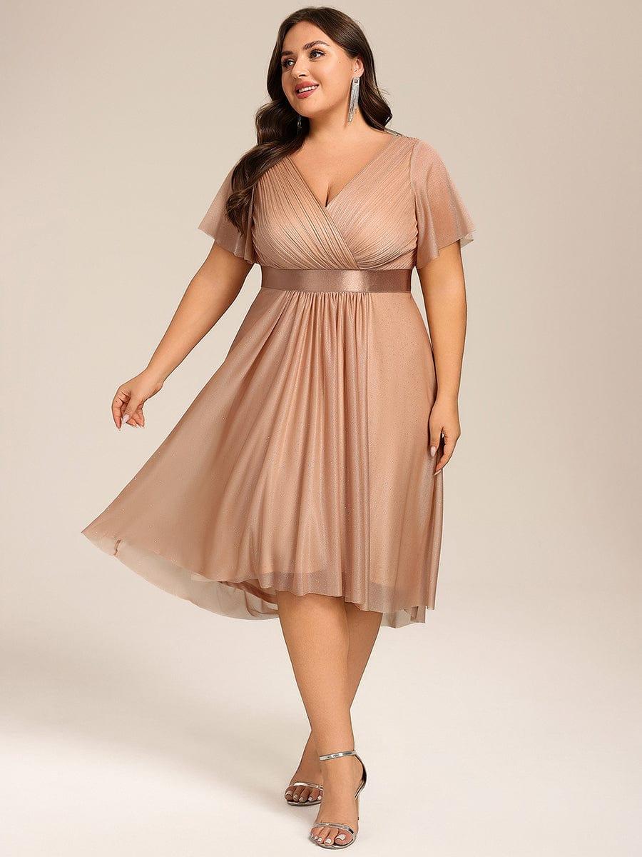 Dignified Plus Size V-Neck A-Line Wedding Guest Dress with Short Sleeves
