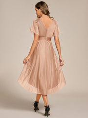 Honorable Short Sleeves V-Neck A-Line Midi Wedding Guest Dress with Sash