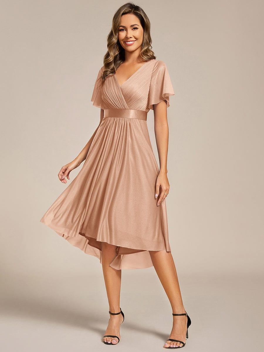 Honorable Short Sleeves V-Neck A-Line Midi Wedding Guest Dress with Sash