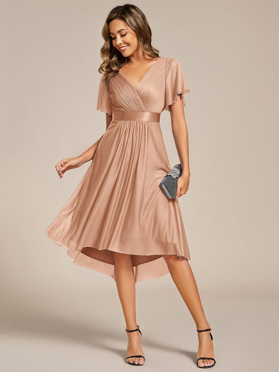Honorable Short Sleeves V-Neck A-Line Midi Wedding Guest Dress with Sash