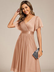 Honorable Short Sleeves V-Neck A-Line Midi Wedding Guest Dress with Sash