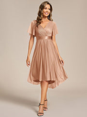 Honorable Short Sleeves V-Neck A-Line Midi Wedding Guest Dress with Sash
