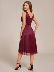 Decent Sleeveless Deep V-Neck A-Line Midi Wedding Guest Dress with Sash