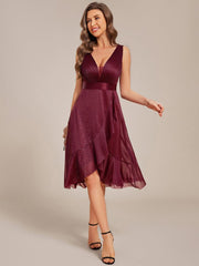 Decent Sleeveless Deep V-Neck A-Line Midi Wedding Guest Dress with Sash