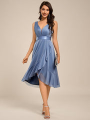 Decent Sleeveless Deep V-Neck A-Line Midi Wedding Guest Dress with Sash