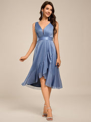Decent Sleeveless Deep V-Neck A-Line Midi Wedding Guest Dress with Sash