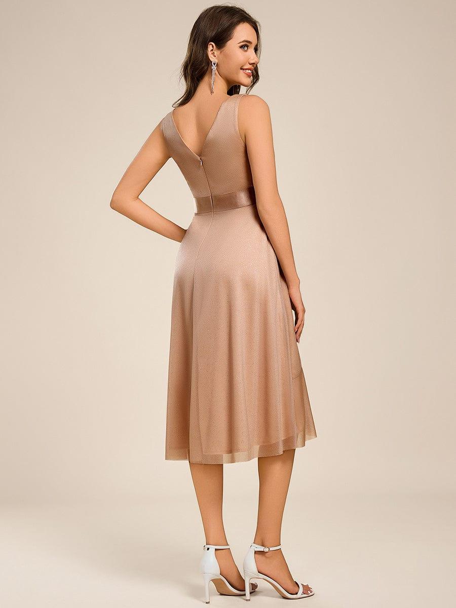 Decent Sleeveless Deep V-Neck A-Line Midi Wedding Guest Dress with Sash