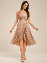 Decent Sleeveless Deep V-Neck A-Line Midi Wedding Guest Dress with Sash