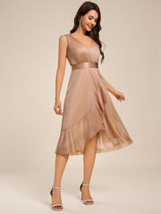 Decent Sleeveless Deep V-Neck A-Line Midi Wedding Guest Dress with Sash