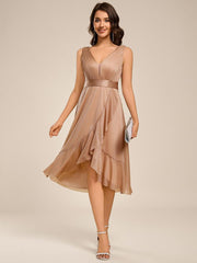 Decent Sleeveless Deep V-Neck A-Line Midi Wedding Guest Dress with Sash