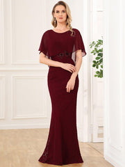 Unique Lace Mermaid Chiffon Mother of the Bride Dress with Short Sleeves