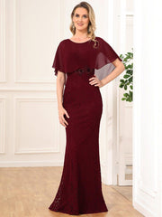 Unique Lace Mermaid Chiffon Mother of the Bride Dress with Short Sleeves