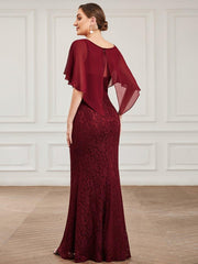 Unique Lace Mermaid Chiffon Mother of the Bride Dress with Short Sleeves