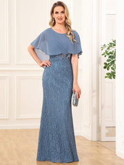 Unique Lace Mermaid Chiffon Mother of the Bride Dress with Short Sleeves