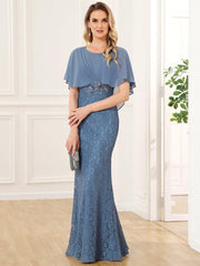 Unique Lace Mermaid Chiffon Mother of the Bride Dress with Short Sleeves