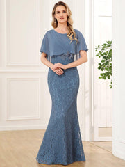 Unique Lace Mermaid Chiffon Mother of the Bride Dress with Short Sleeves