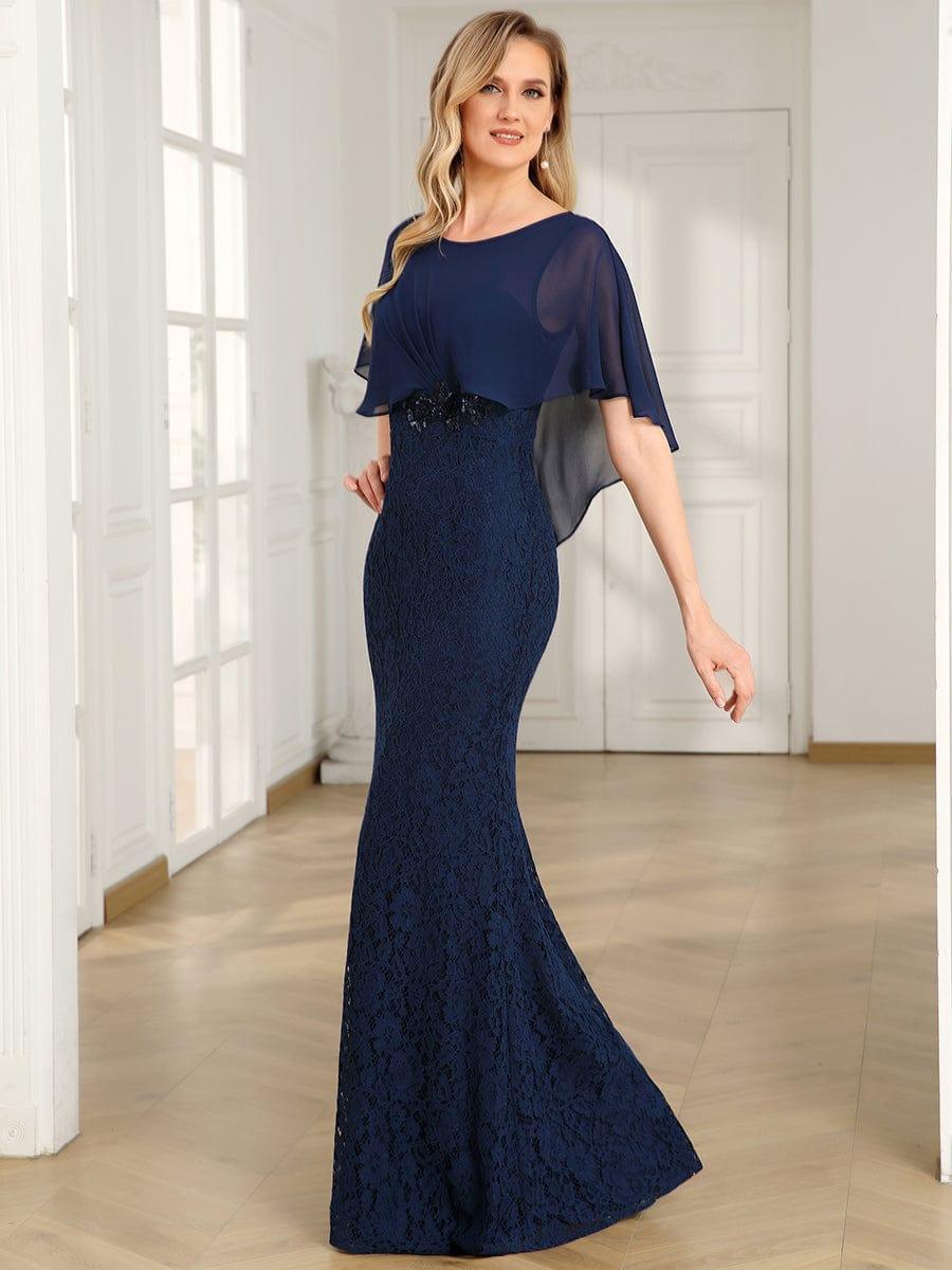 Unique Lace Mermaid Chiffon Mother of the Bride Dress with Short Sleeves