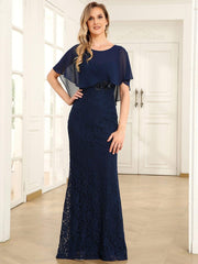 Unique Lace Mermaid Chiffon Mother of the Bride Dress with Short Sleeves