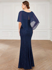 Unique Lace Mermaid Chiffon Mother of the Bride Dress with Short Sleeves