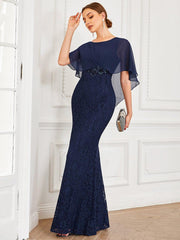 Unique Lace Mermaid Chiffon Mother of the Bride Dress with Short Sleeves