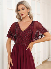 Delicate V-Neck A-Line Ankle-Length Sequin Chiffon Formal Dress