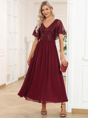 Delicate V-Neck A-Line Ankle-Length Sequin Chiffon Formal Dress
