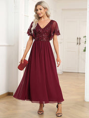 Delicate V-Neck A-Line Ankle-Length Sequin Chiffon Formal Dress