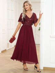 Delicate V-Neck A-Line Ankle-Length Sequin Chiffon Formal Dress