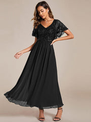 Delicate V-Neck A-Line Ankle-Length Sequin Chiffon Formal Dress