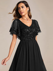 Delicate V-Neck A-Line Ankle-Length Sequin Chiffon Formal Dress