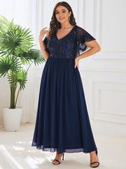 Delicate V-Neck A-Line Ankle-Length Sequin Chiffon Formal Dress