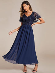 Delicate V-Neck A-Line Ankle-Length Sequin Chiffon Formal Dress