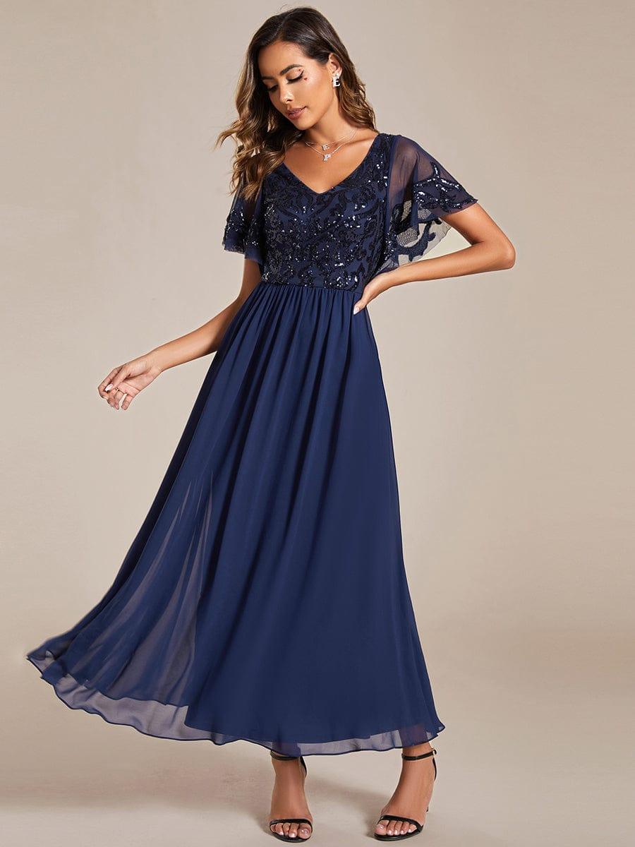 Delicate V-Neck A-Line Ankle-Length Sequin Chiffon Formal Dress