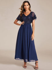 Delicate V-Neck A-Line Ankle-Length Sequin Chiffon Formal Dress