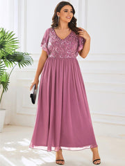 Unique Plus Size V-Neck A-Line Sequin Mother of the Bride Dress