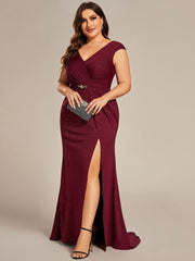 Fancy Plus Size V-Neck Sequin Mother of the Bride Dress with Slit