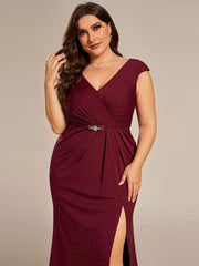 Fancy Plus Size V-Neck Sequin Mother of the Bride Dress with Slit