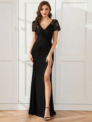 Elegant V-Neck Sequin Short Sleeves Mother of the Bride Dresses with Slit